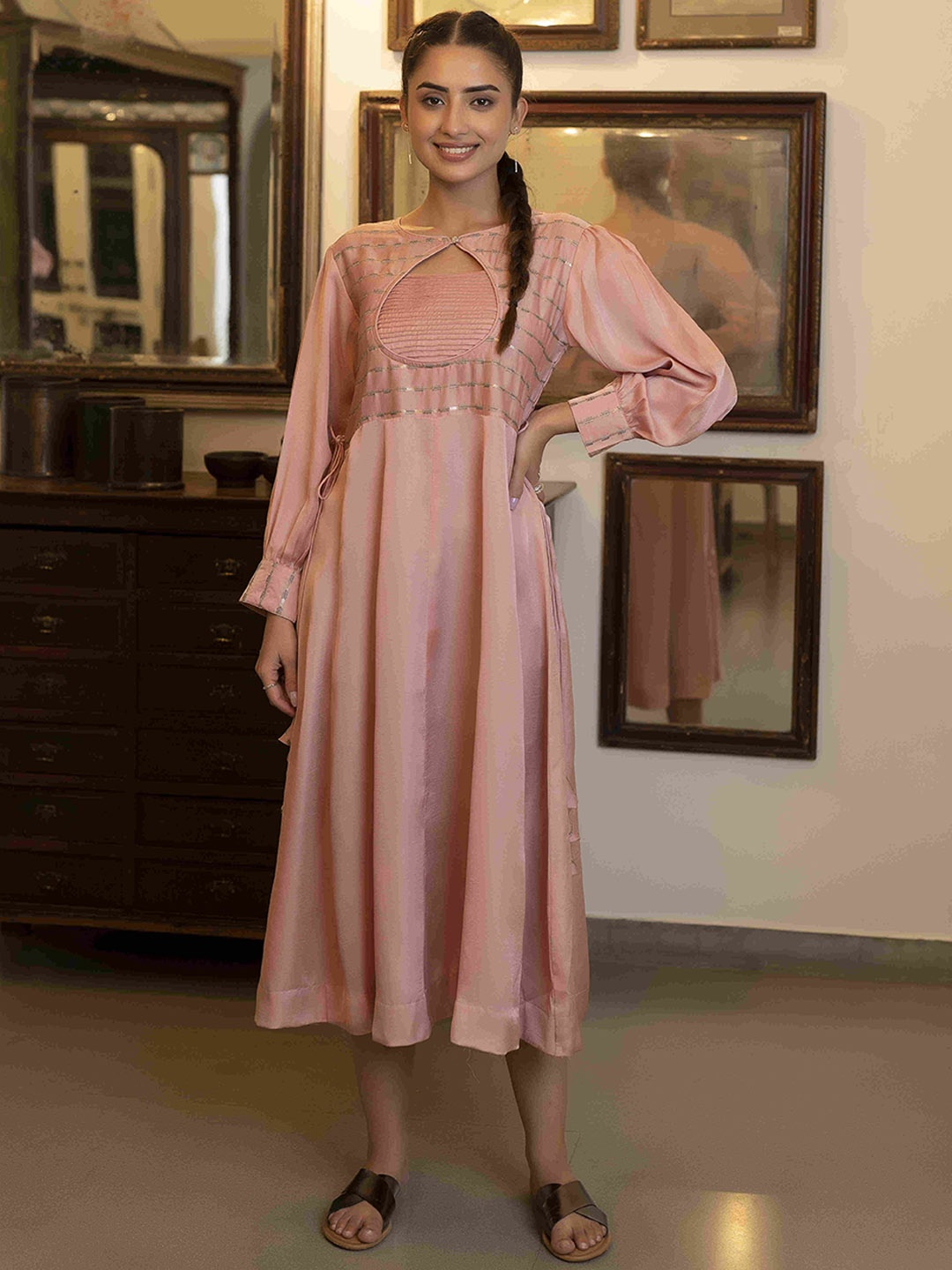 

Ragavi Striped Yoke Design Keyhole Neck Midi A-Line Dress, Pink