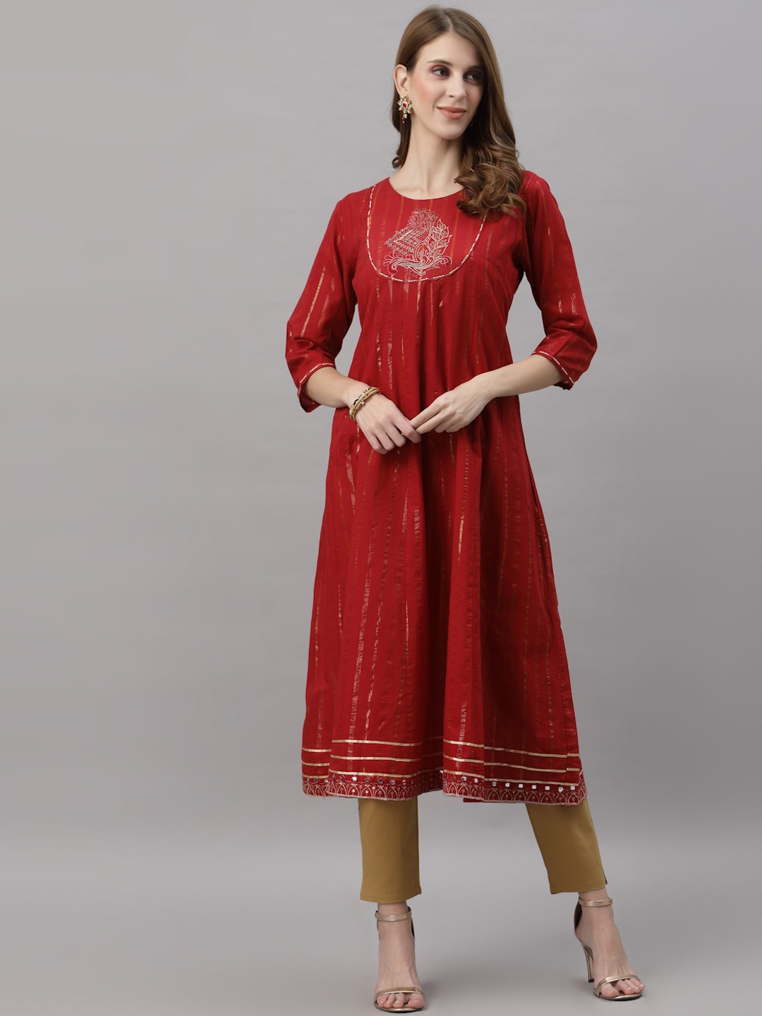 

Ragavi Ethnic Motifs Printed Gotta Patti Cotton A-Line Kurta, Red