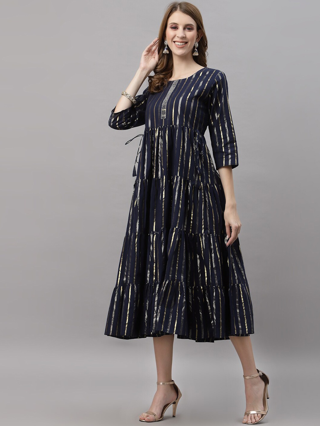 

Ragavi Striped Tiered Midi Length Ethnic Dress, Blue