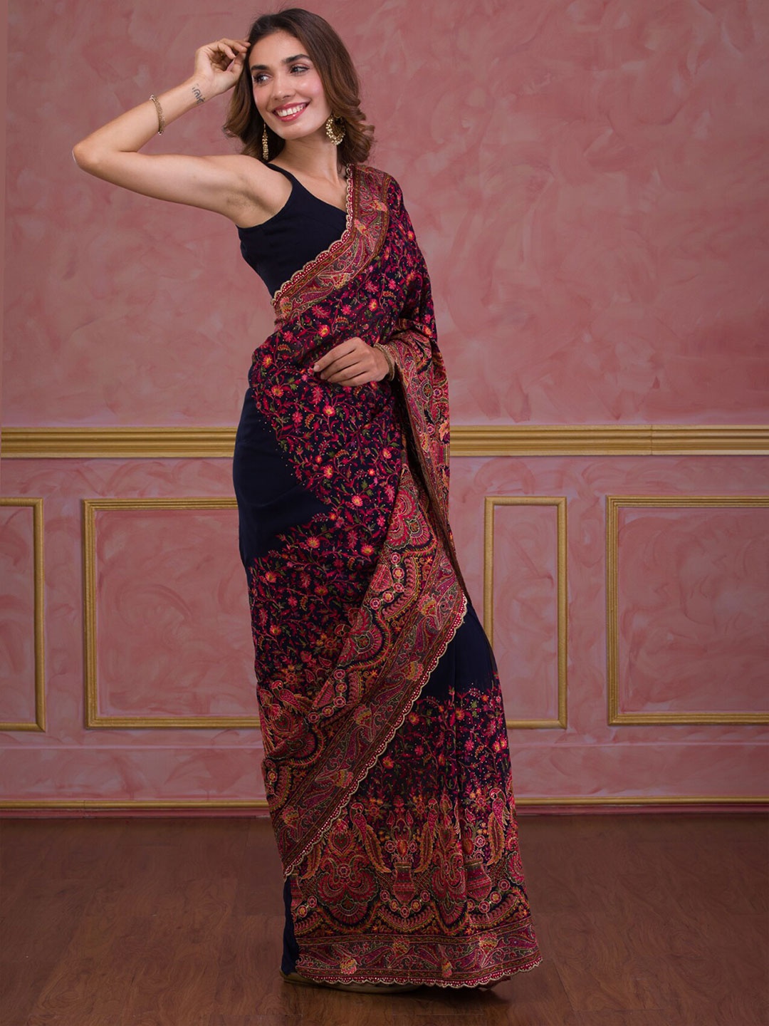 

Koskii Ethnic Motifs Embroidered Poly Georgette Saree, Navy blue