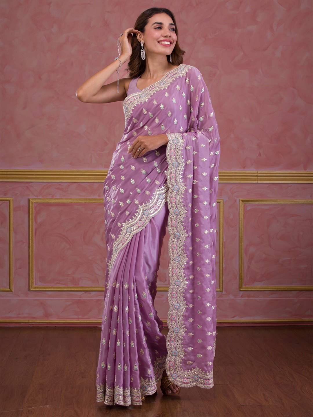 

Koskii Floral Embroidered Gota Patti Organza Saree, Lavender