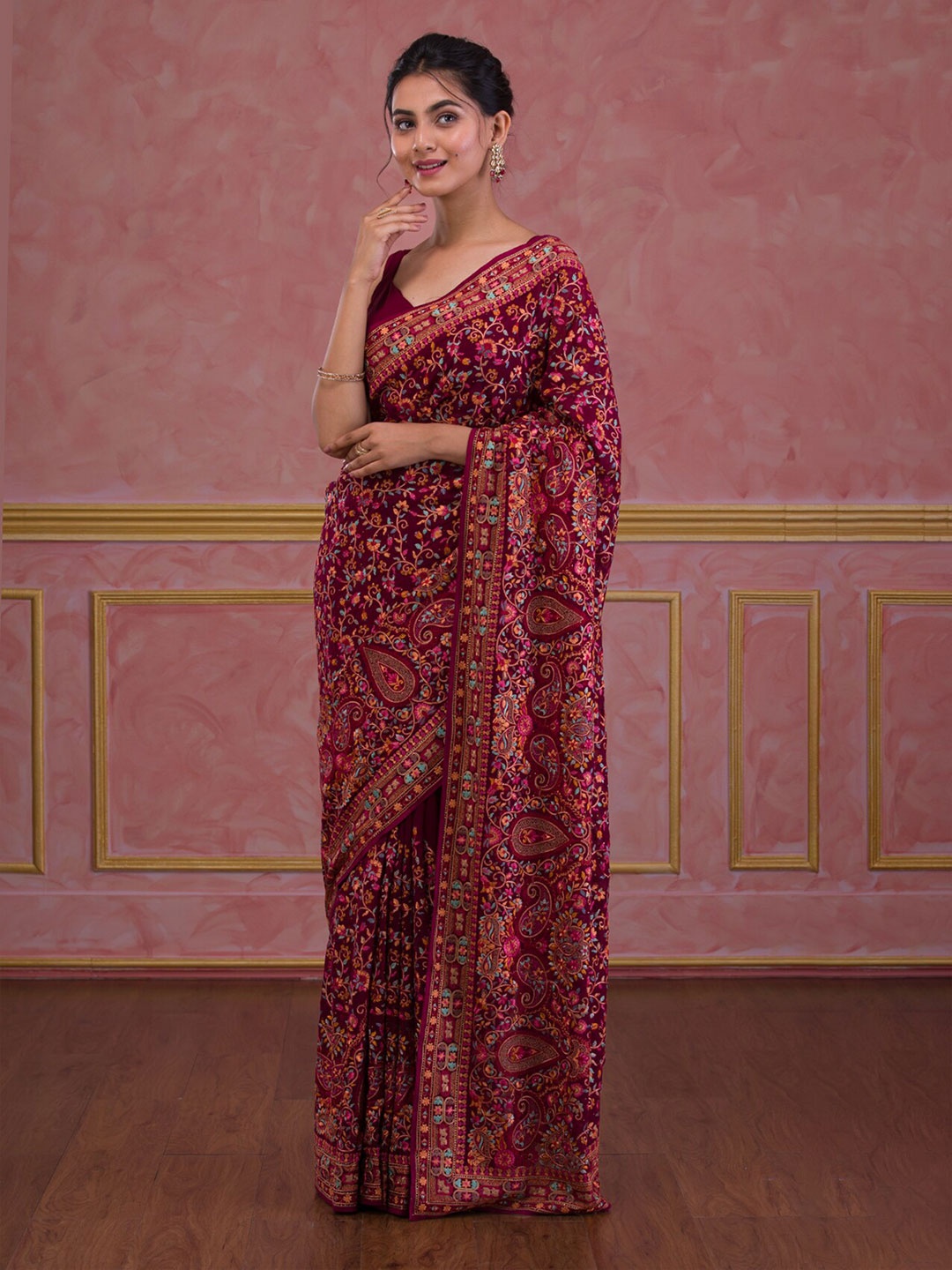 

Koskii Floral Embroidered Poly Georgette Saree, Burgundy