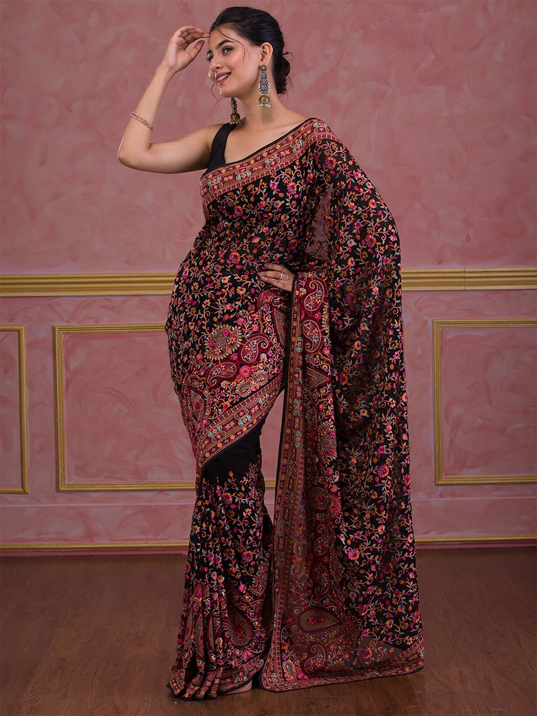 

Koskii Floral Embroidered Poly Georgette Saree, Black