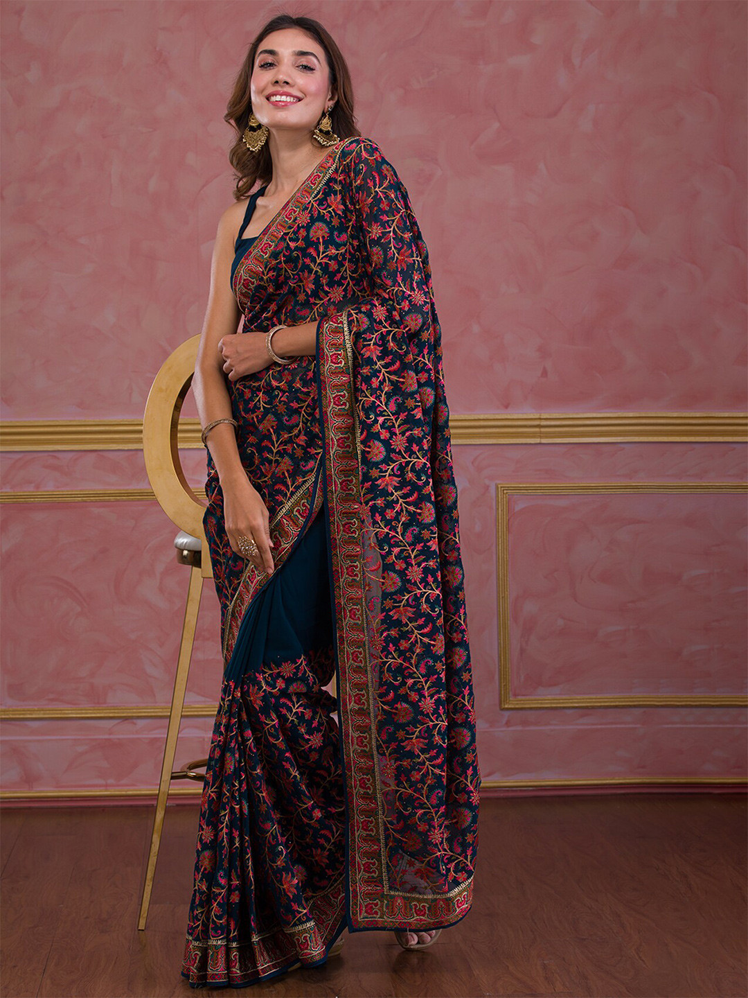 

Koskii Floral Embroidered Saree, Blue