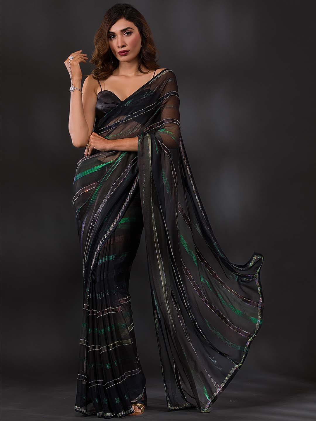 

Koskii Striped Beads and Stones Satin Saree, Black