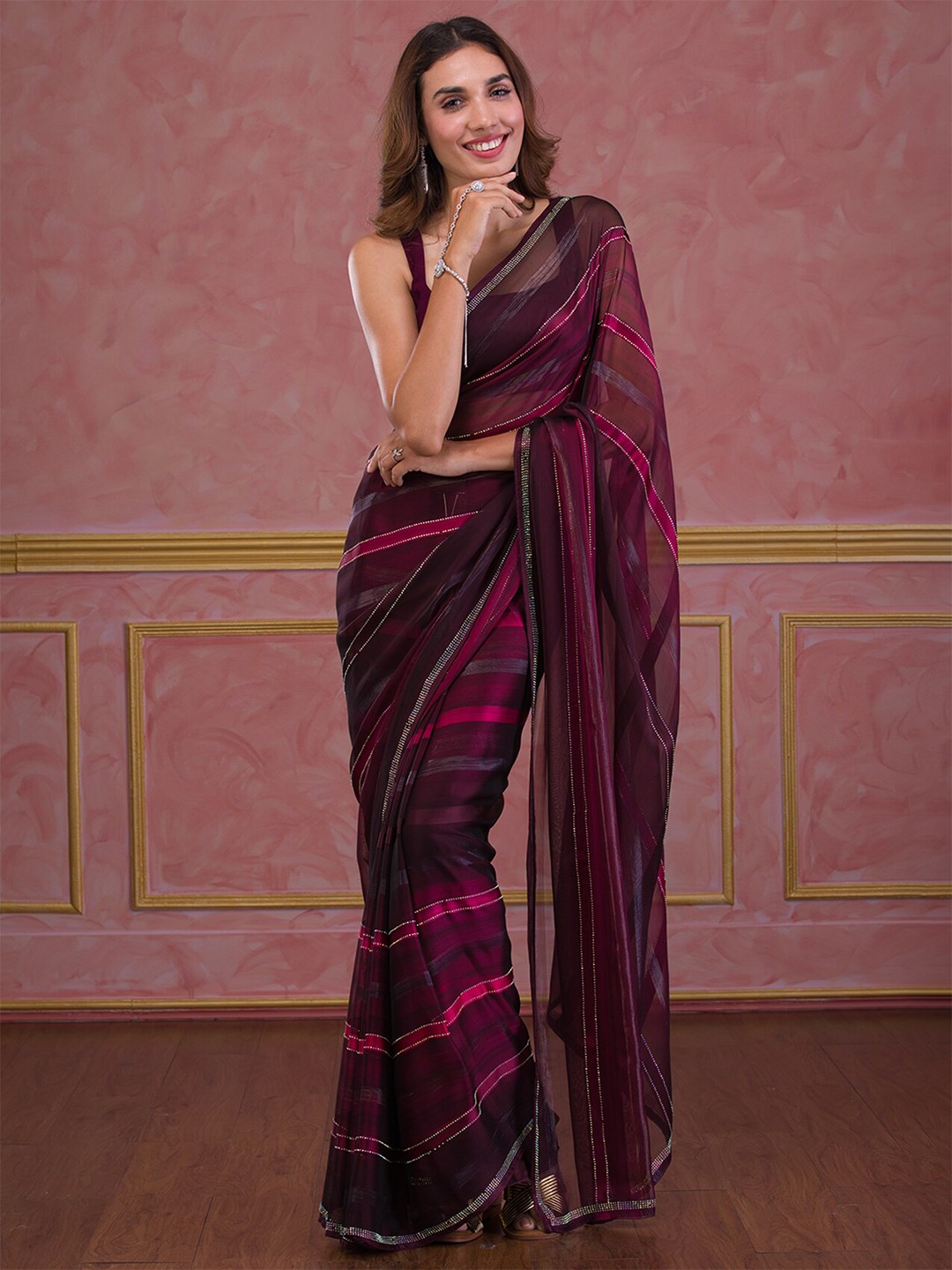 

Koskii Striped Beads and Stones Satin Saree, Maroon