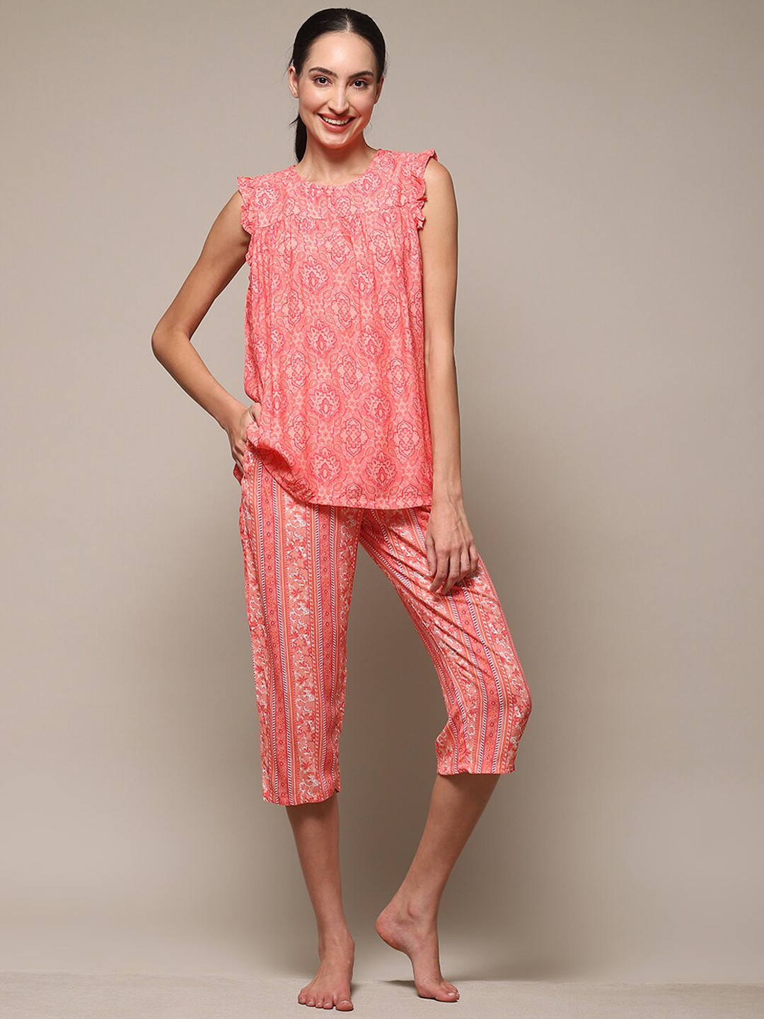 

Biba Women Ethnic Motifs Printed Night suit, Coral