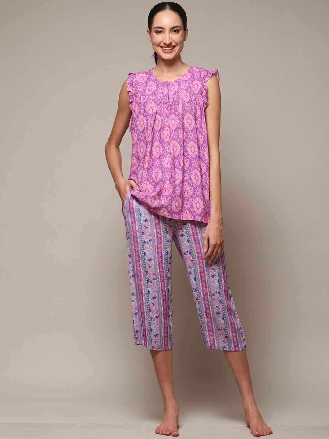 

Biba Women Ethnic MotifsPrinted Night suit, Purple