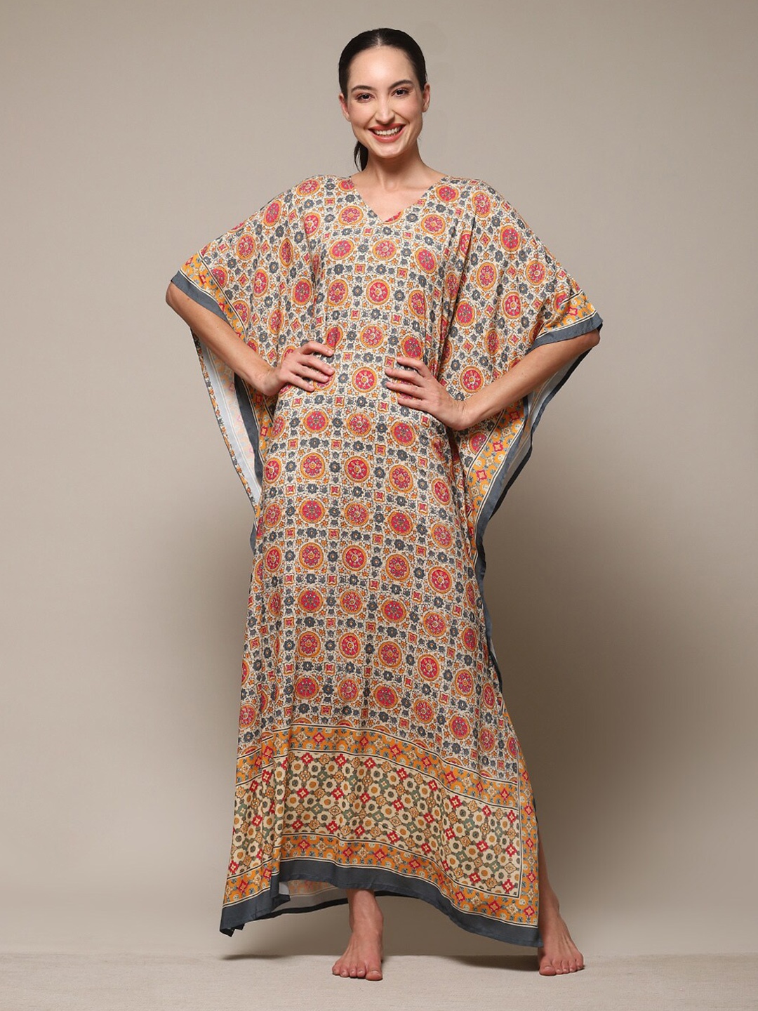 

Biba Geometric Printed V-Neck Midi Kaftan Nightdress, Beige