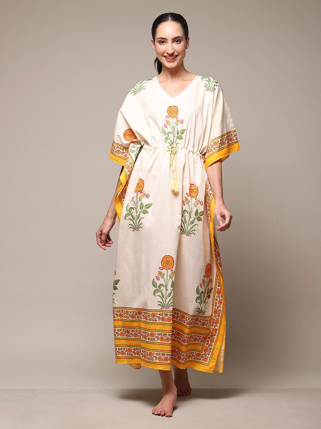 

Biba Floral Printed V-Neck Midi Kaftan Nightdress, Off white