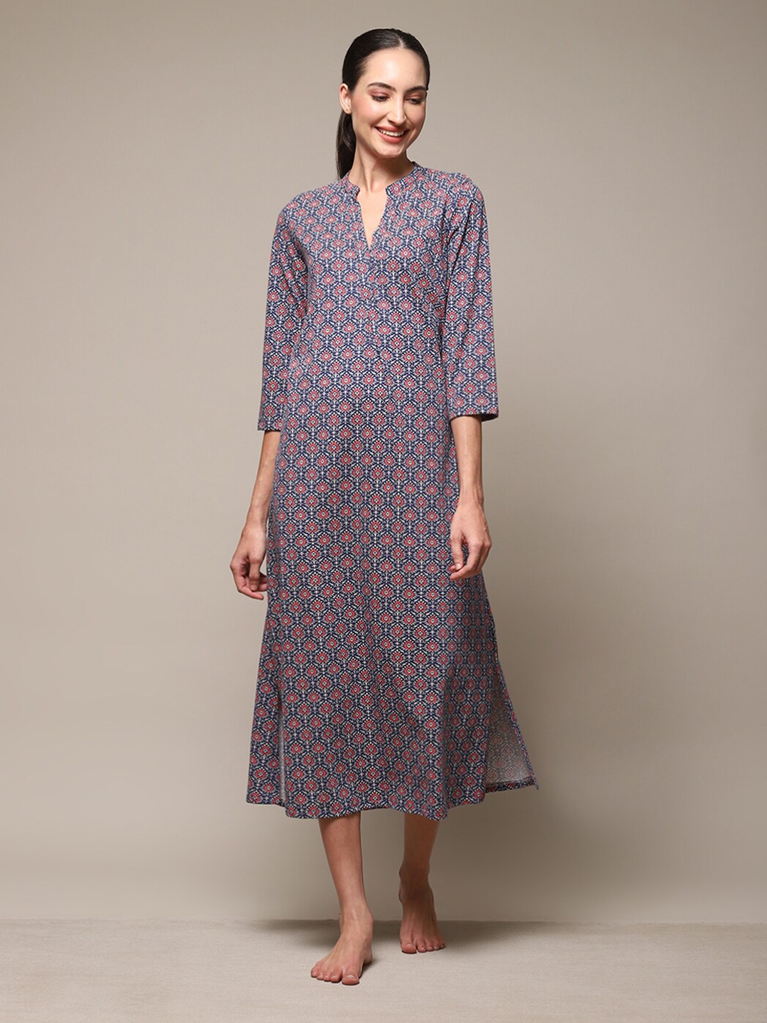 

Biba Floral Printed Mandarin Collar Nightdress, Navy blue