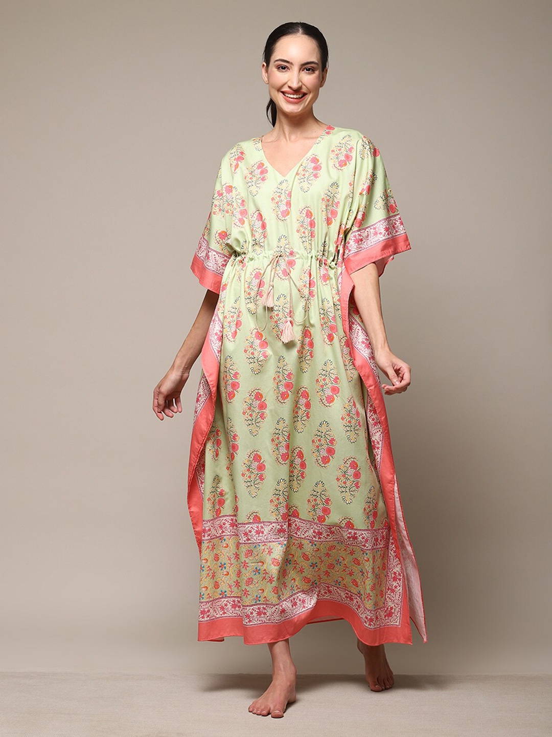 

Biba Floral Printed V-Neck Midi Kaftan Nightdress, Sea green