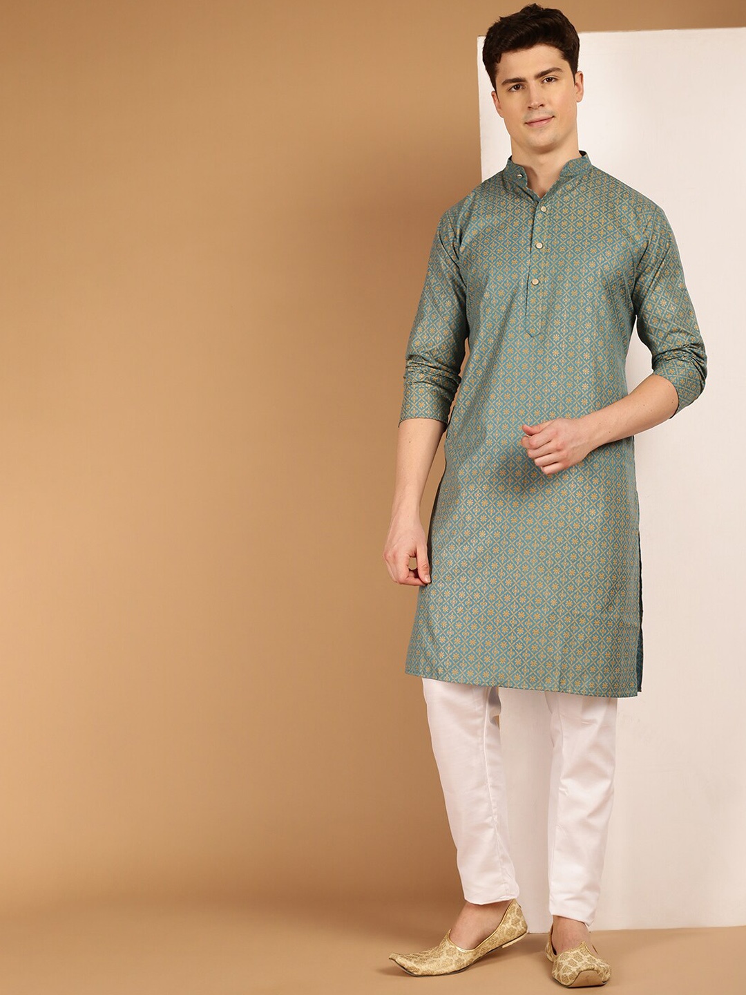 

SOJANYA Ethnic Woven Design Cotton Linen Kurta, Teal