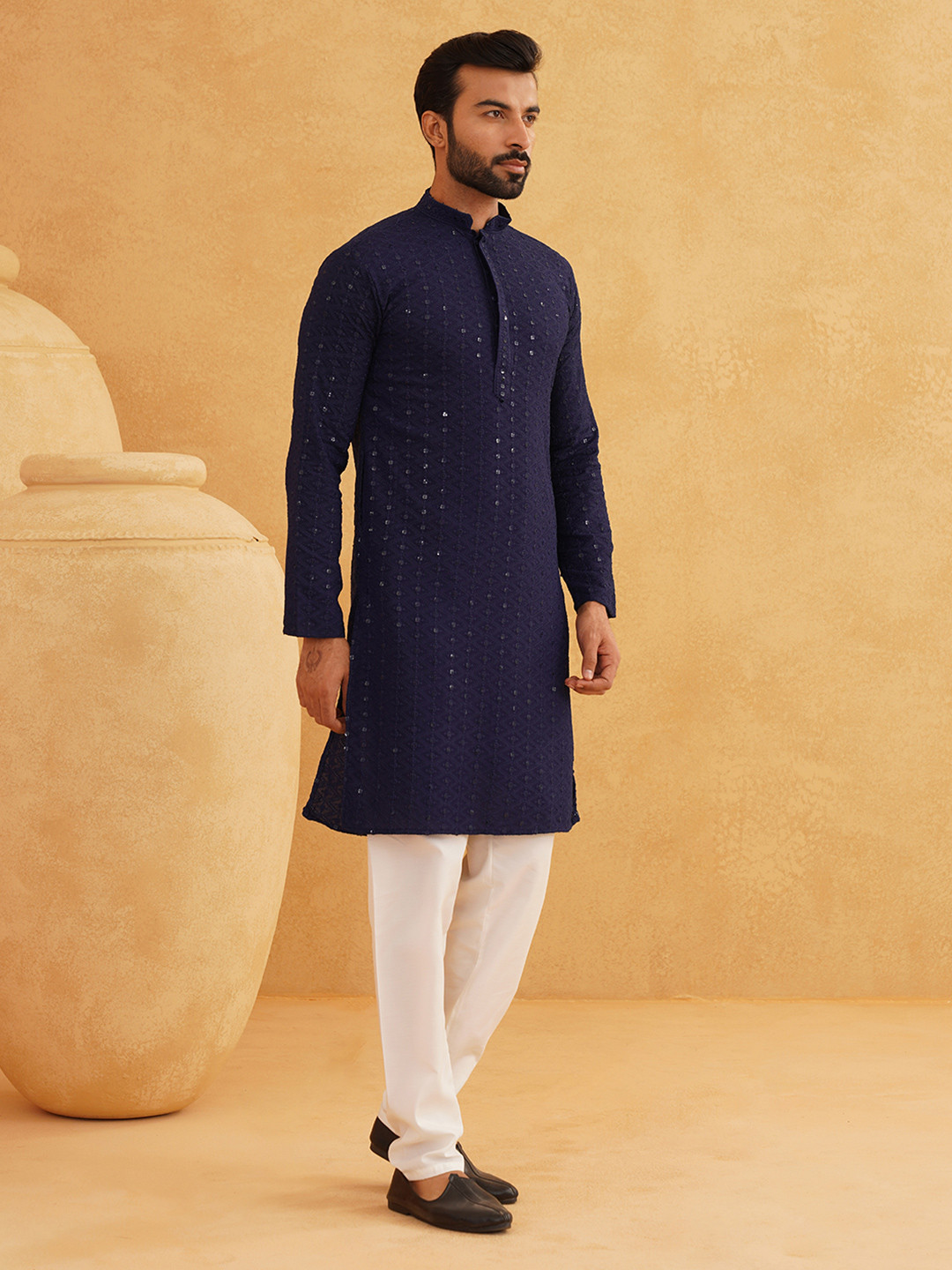 

SOJANYA Ethnic Motifs Embroidered Sequinned Pure Cotton Kurta with Churidar, Navy blue