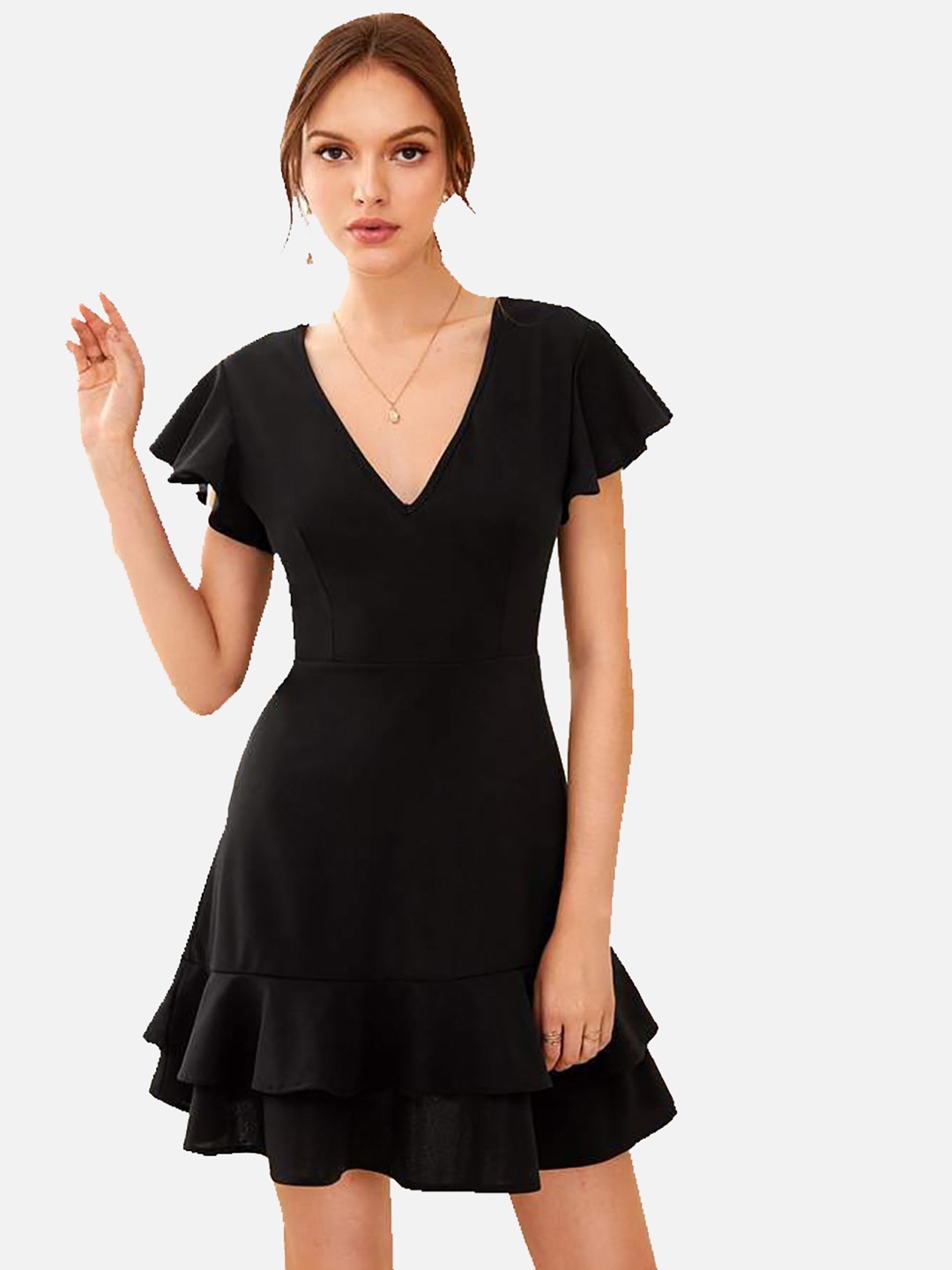

MARGI DESIGNERS Solid V-Neck Layered A-Line Mini Dress, Black