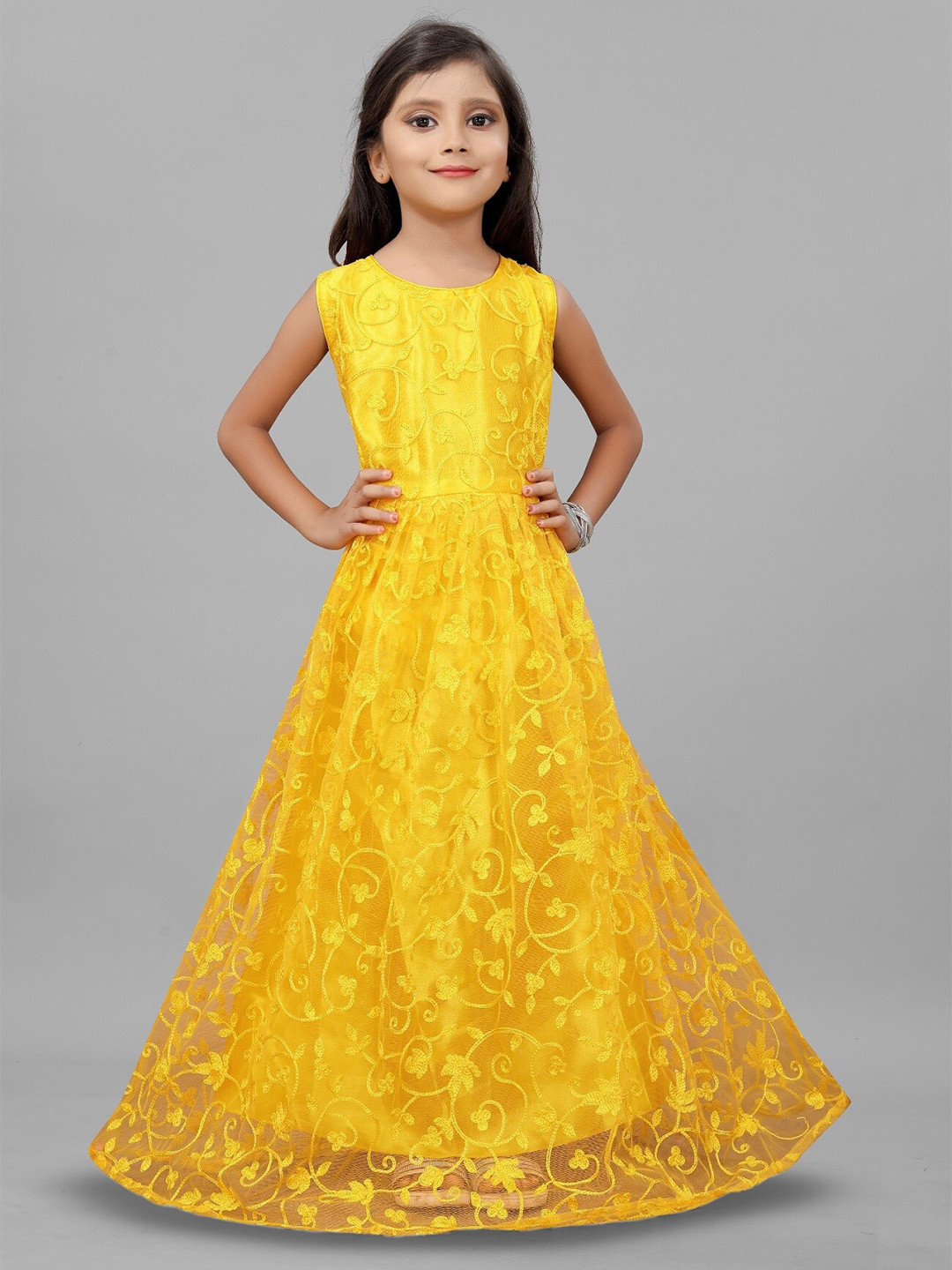 

APNISHA Girls Floral Embroidered Gown Dress, Yellow