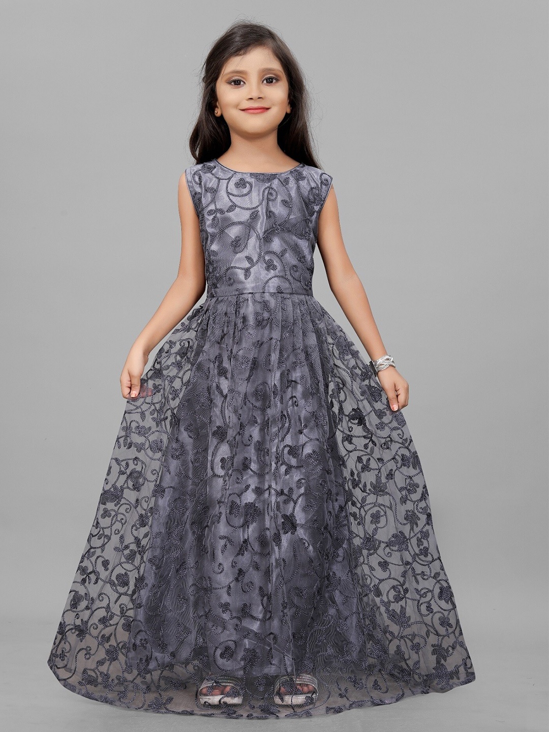 

APNISHA Girls Floral Embroidered Detailed Gown Dress, Grey