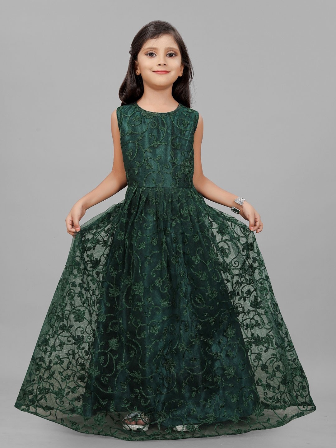 

APNISHA Girls Solid Floral Embroidered Gown Dress, Green