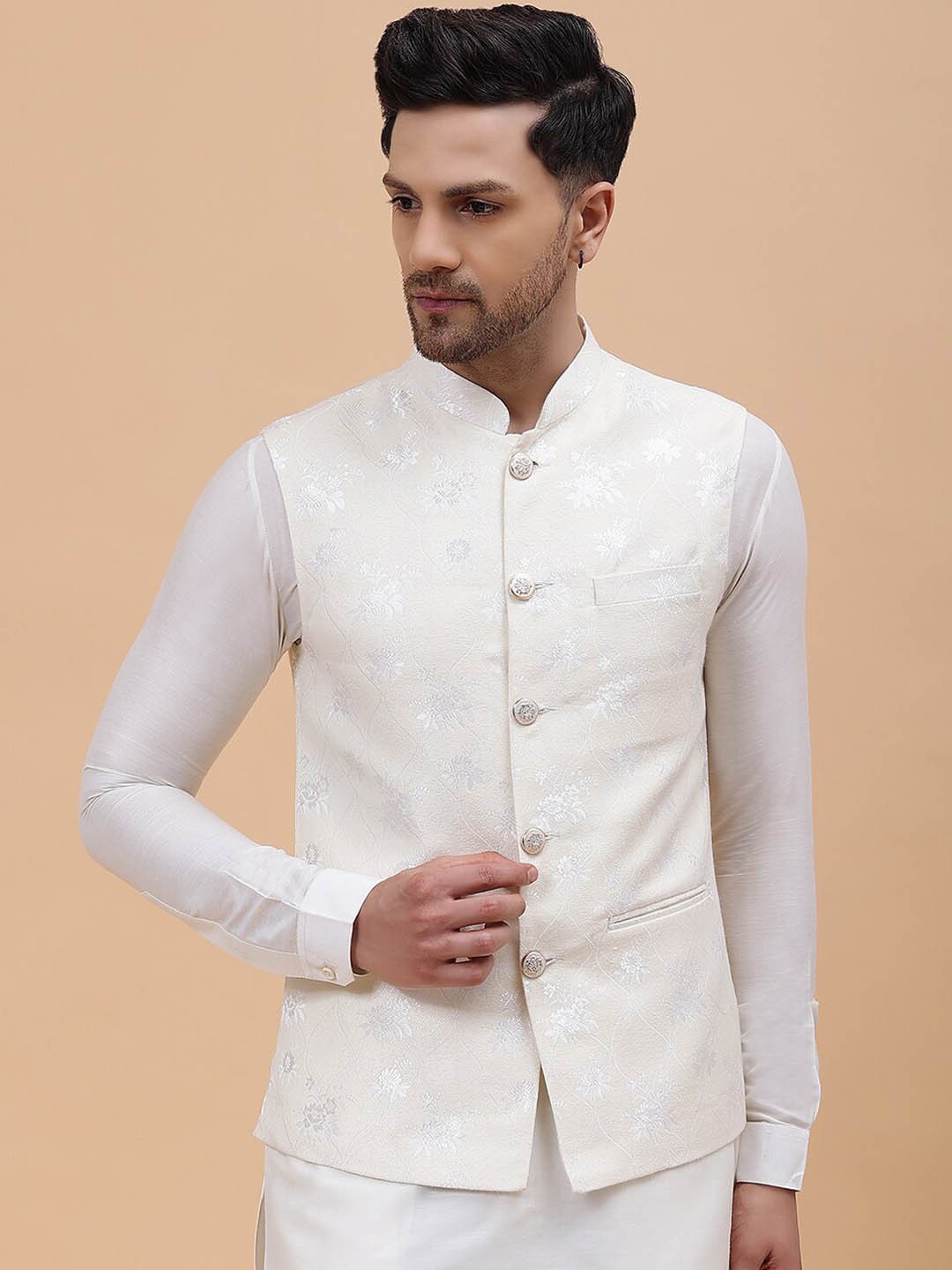 

See Designs Woven-Design Jacquard Nehru Jackets, White