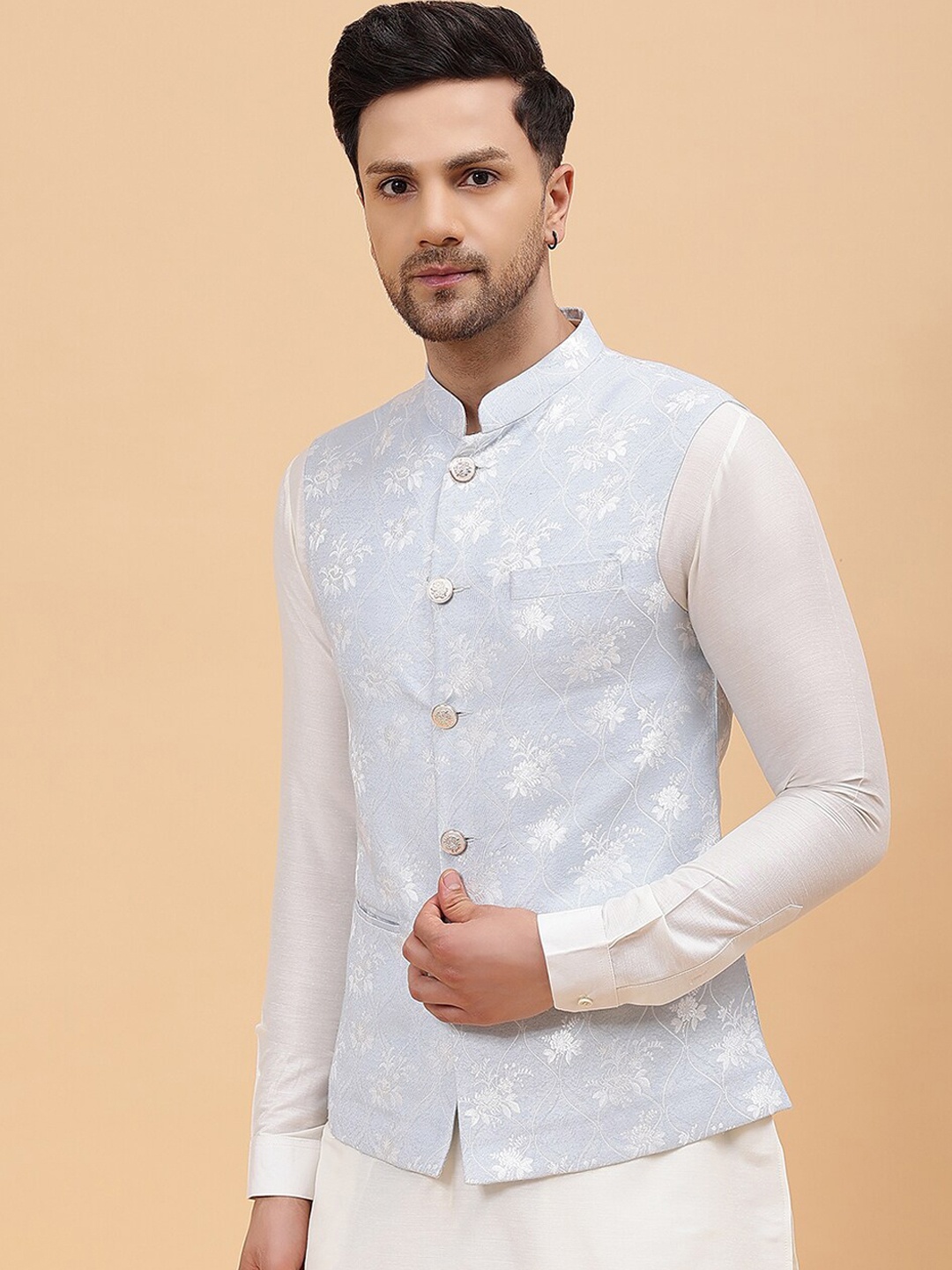 

See Designs Woven-Design Jacquard Nehru Jacket, Blue