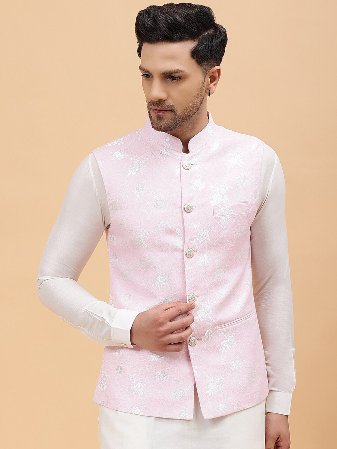 

See Designs Woven Design Jacquard Nehru Jacket, Pink