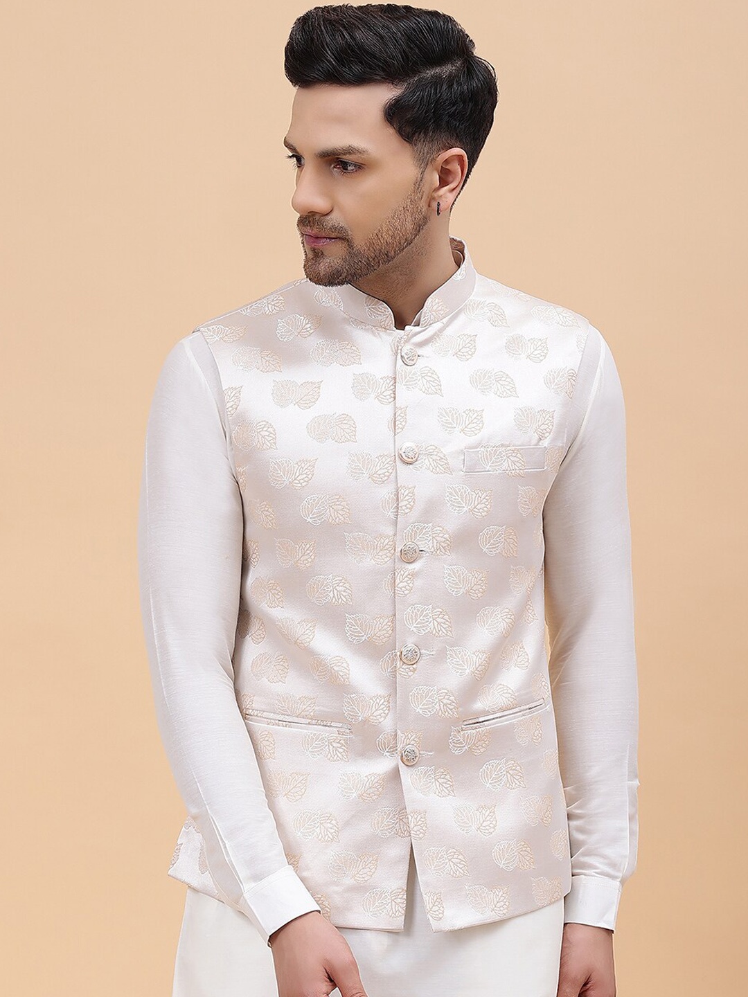 

See Designs Woven Design Jacquard Nehru Jackets, Off white