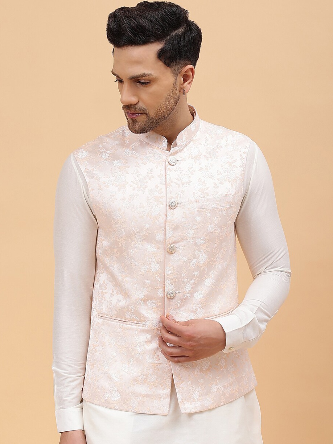 

See Designs Woven Design Jacquard Nehru Jackets, Peach