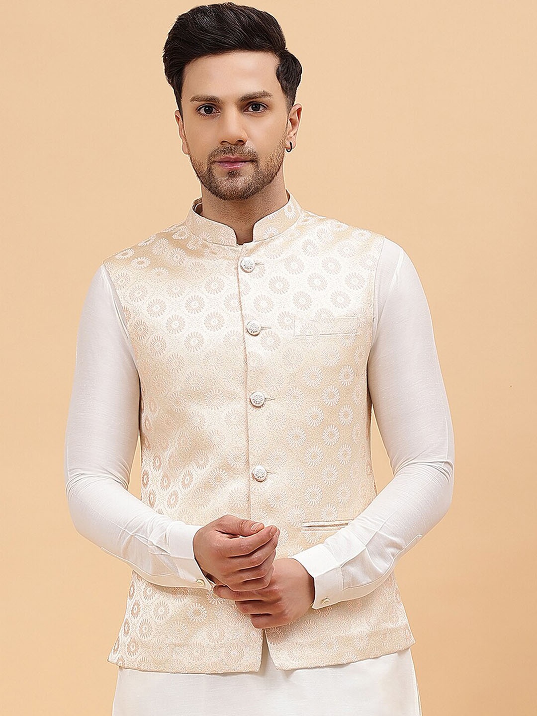 

See Designs Woven Design Jacquard Nehru Jackets, Cream