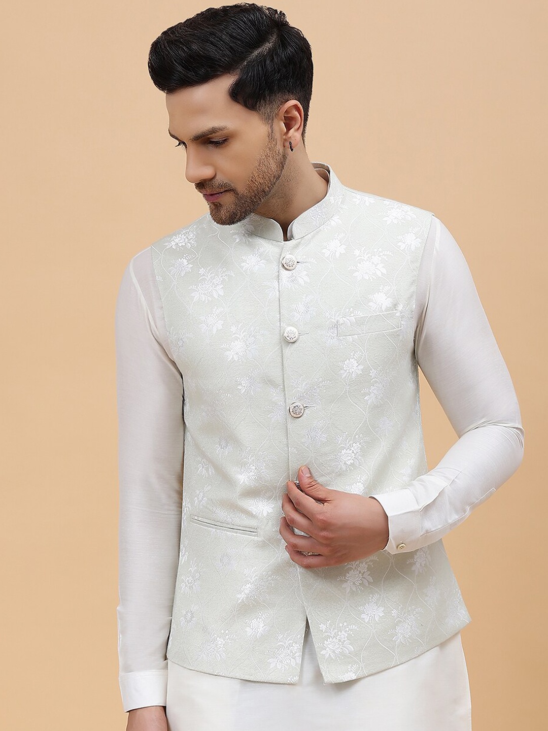 

See Designs Woven Design Jacquard Nehru Jackets, Off white