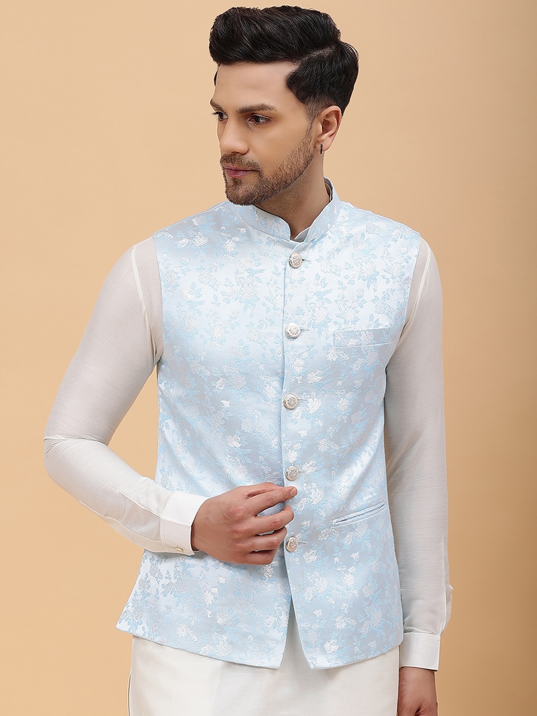 

See Designs Woven Design Jacquard Nehru Jackets, Blue