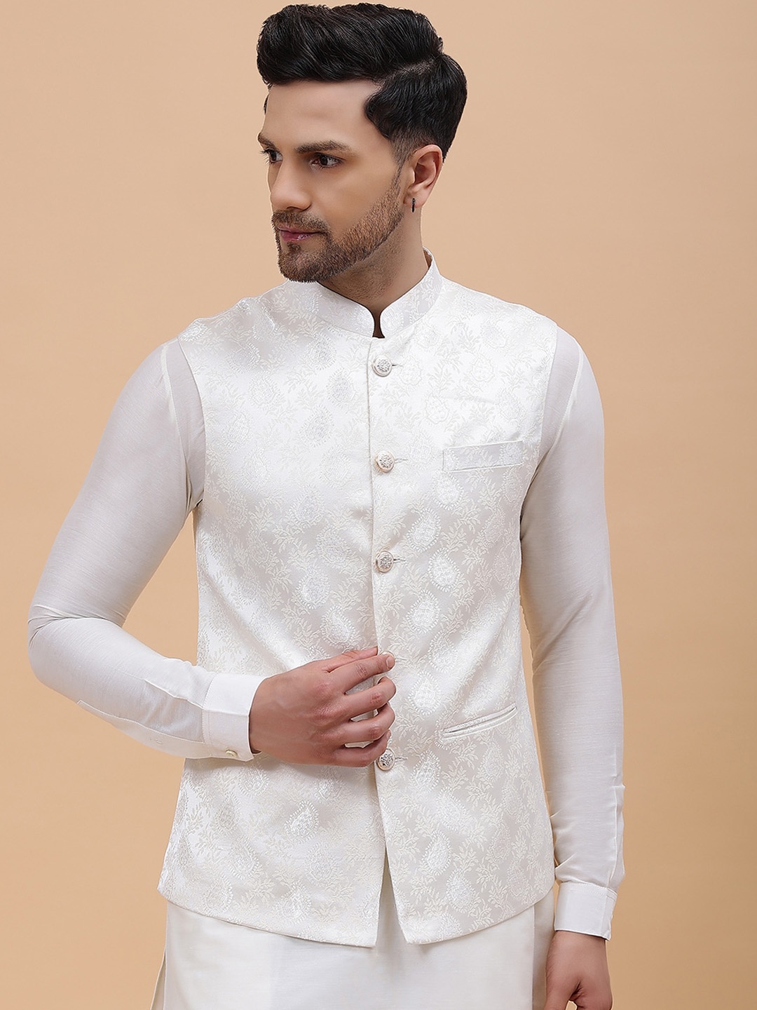 

See Designs Woven-Design Jacquard Nehru Jackets, Off white