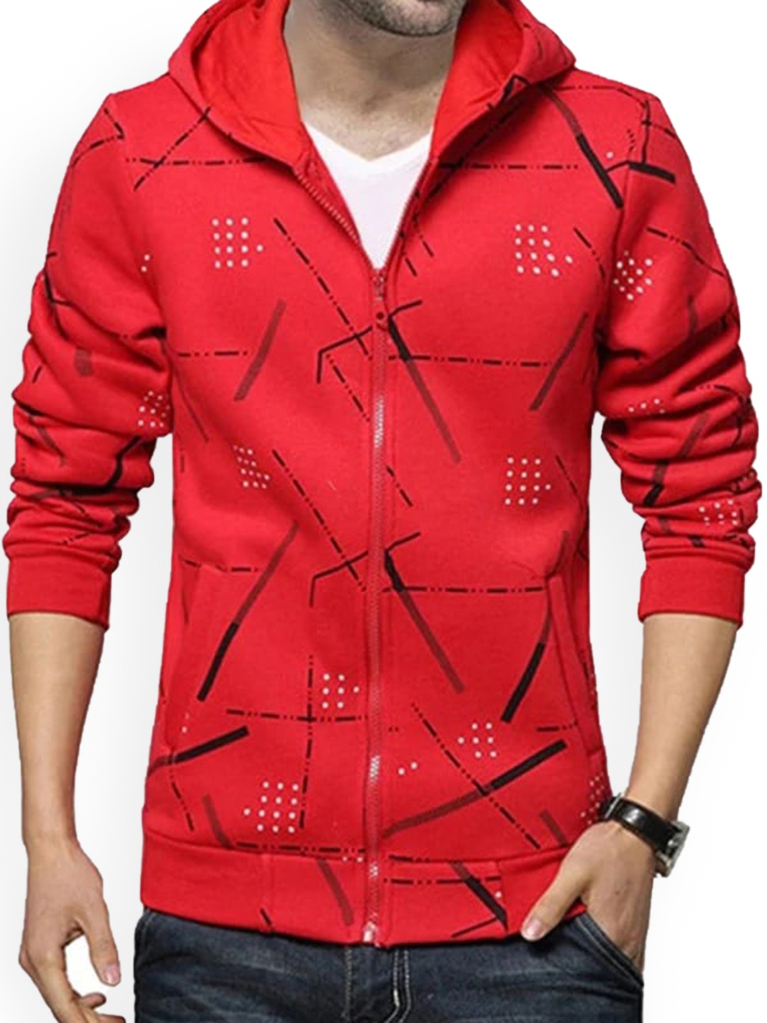 

TRIPR ORIGINALS Geometric Printed Hooded Cotton Bomber Jacket, Red