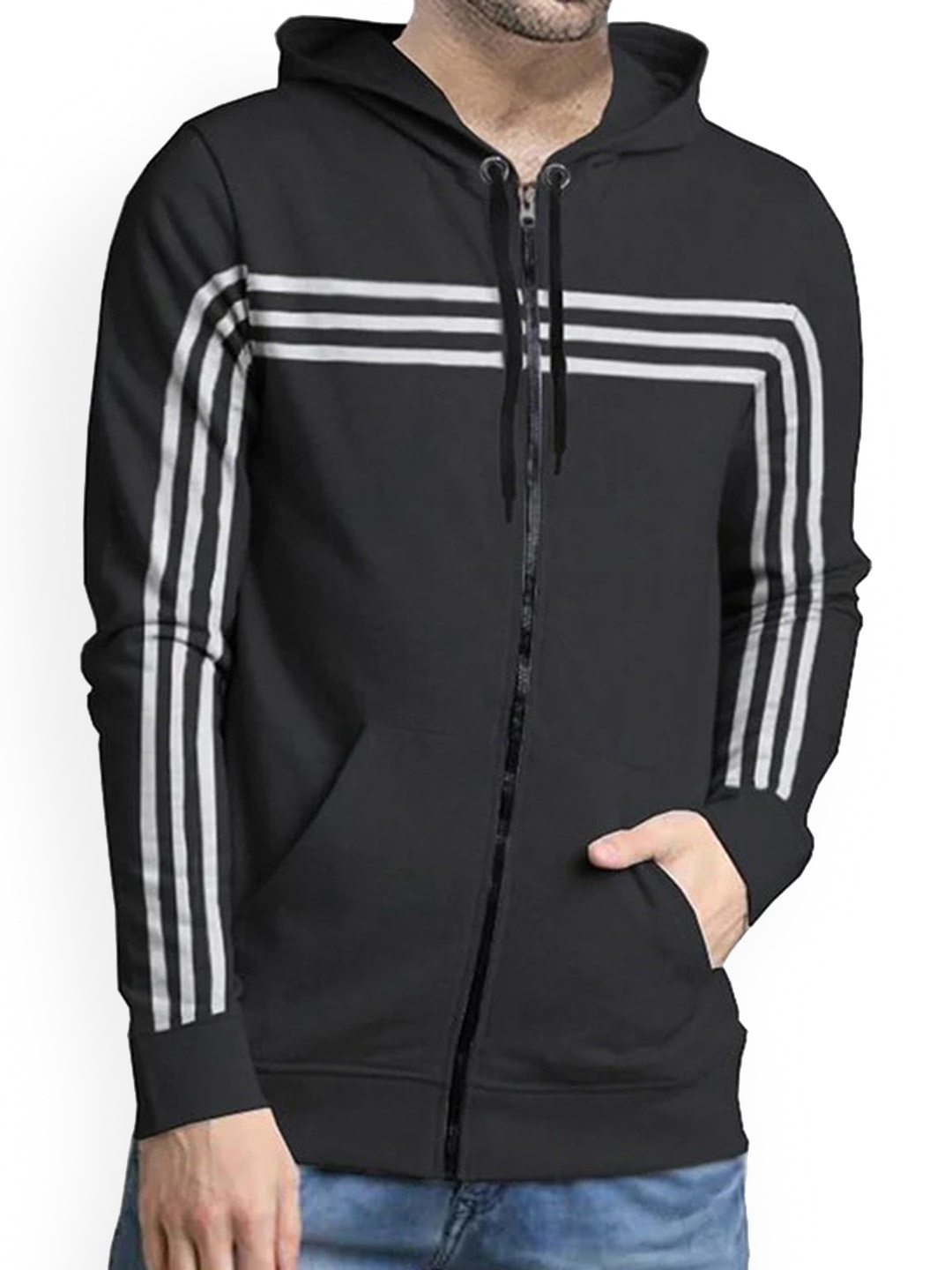 

TRIPR ORIGINALS Striped Hooded Cotton Bomber Jacket, Black