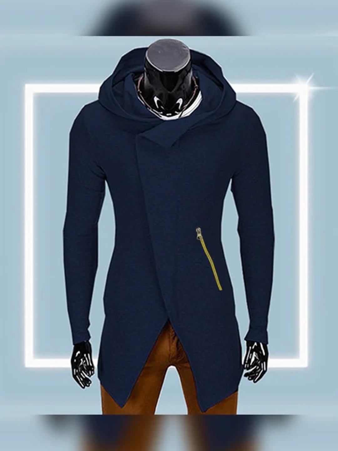 

TRIPR ORIGINALS Hooded Cotton Longline Tailored Jacket, Navy blue