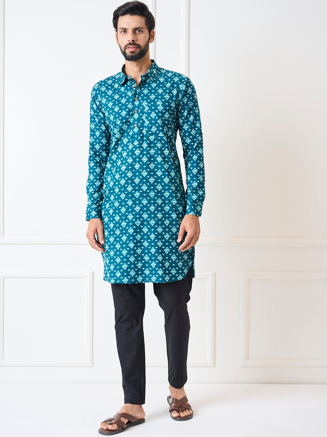 

See Designs Ethnic Motifs Printed Shirt Collar Pure Cotton Kurta With Salwar, Teal