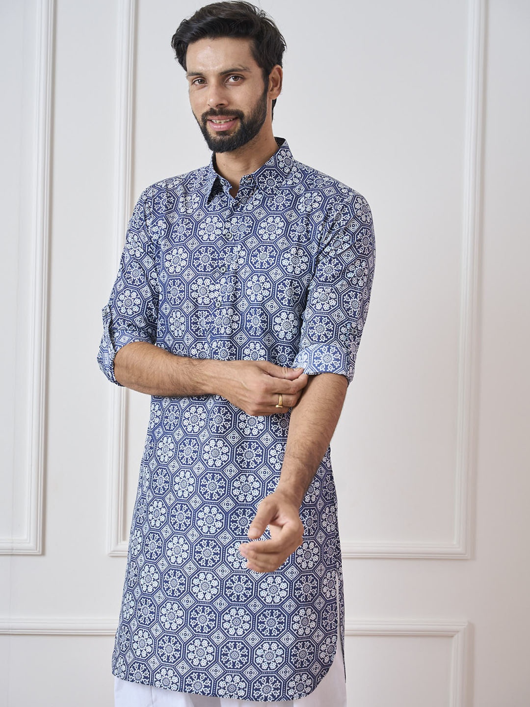 

See Designs Ethnic Motifs Printed Regular Pure Cotton Pathani Kurta with Salwar, Blue