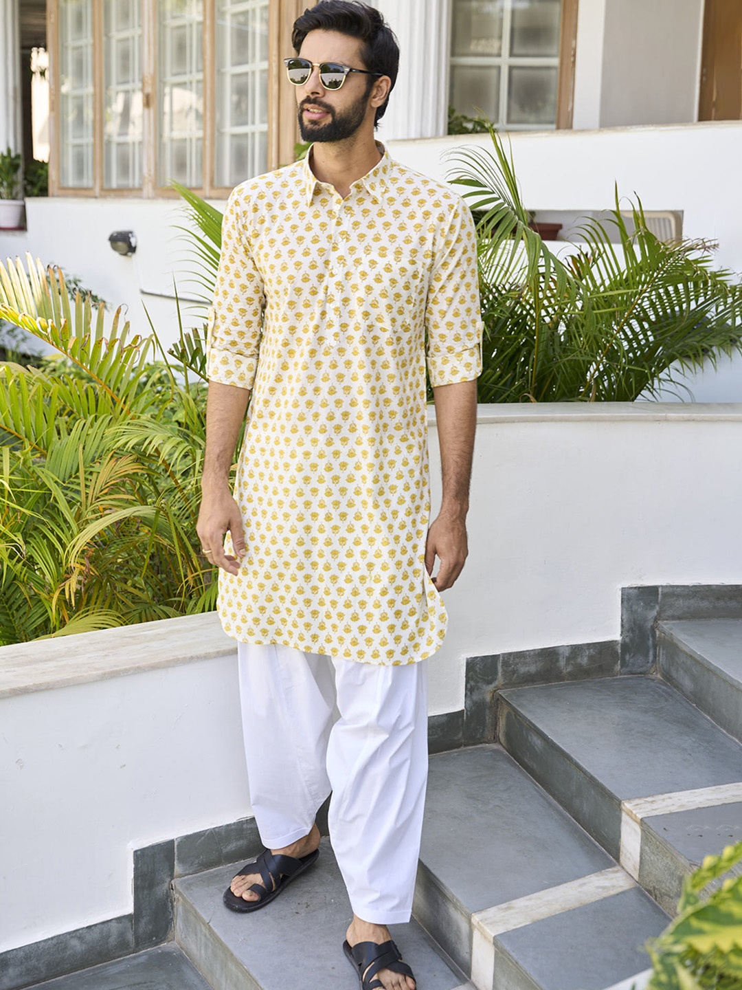 

See Designs Floral Printed Regular Pure Cotton Pathani Kurta with Salwar, Yellow