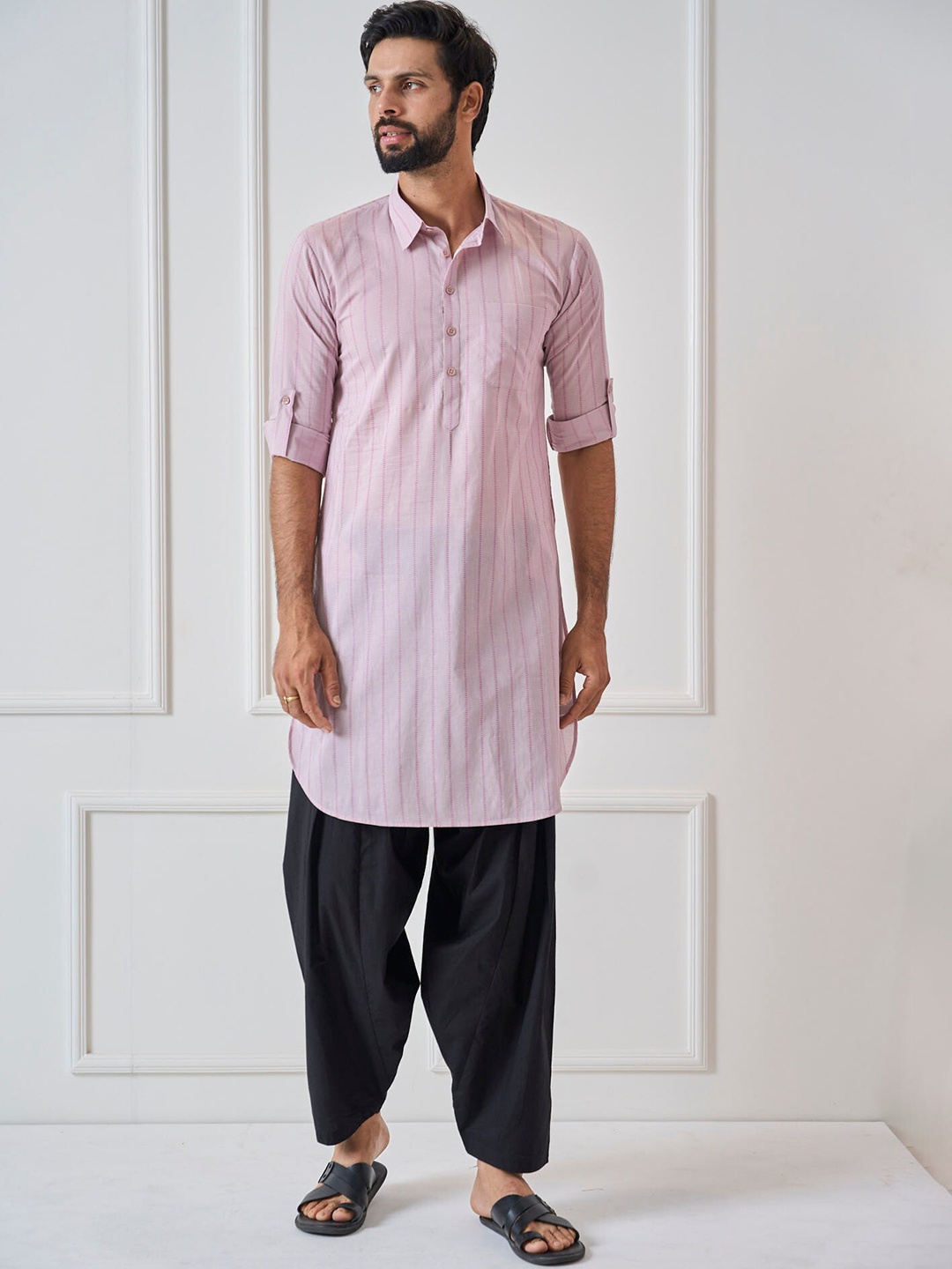 

See Designs Striped Roll-Up Sleeves Pure Cotton Kurta With Salwar, Pink