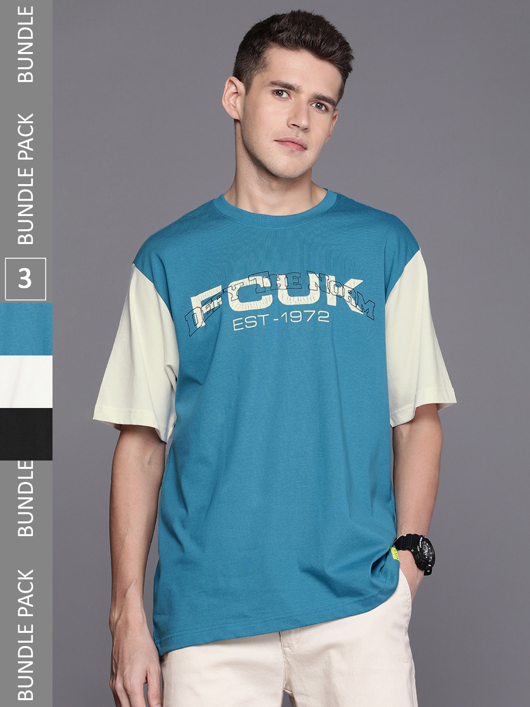 

FCUK Pack of 3 Brand Logo Printed Drop-Shoulder Sleeves Oversized Fit Pure Cotton T-shirt, Blue