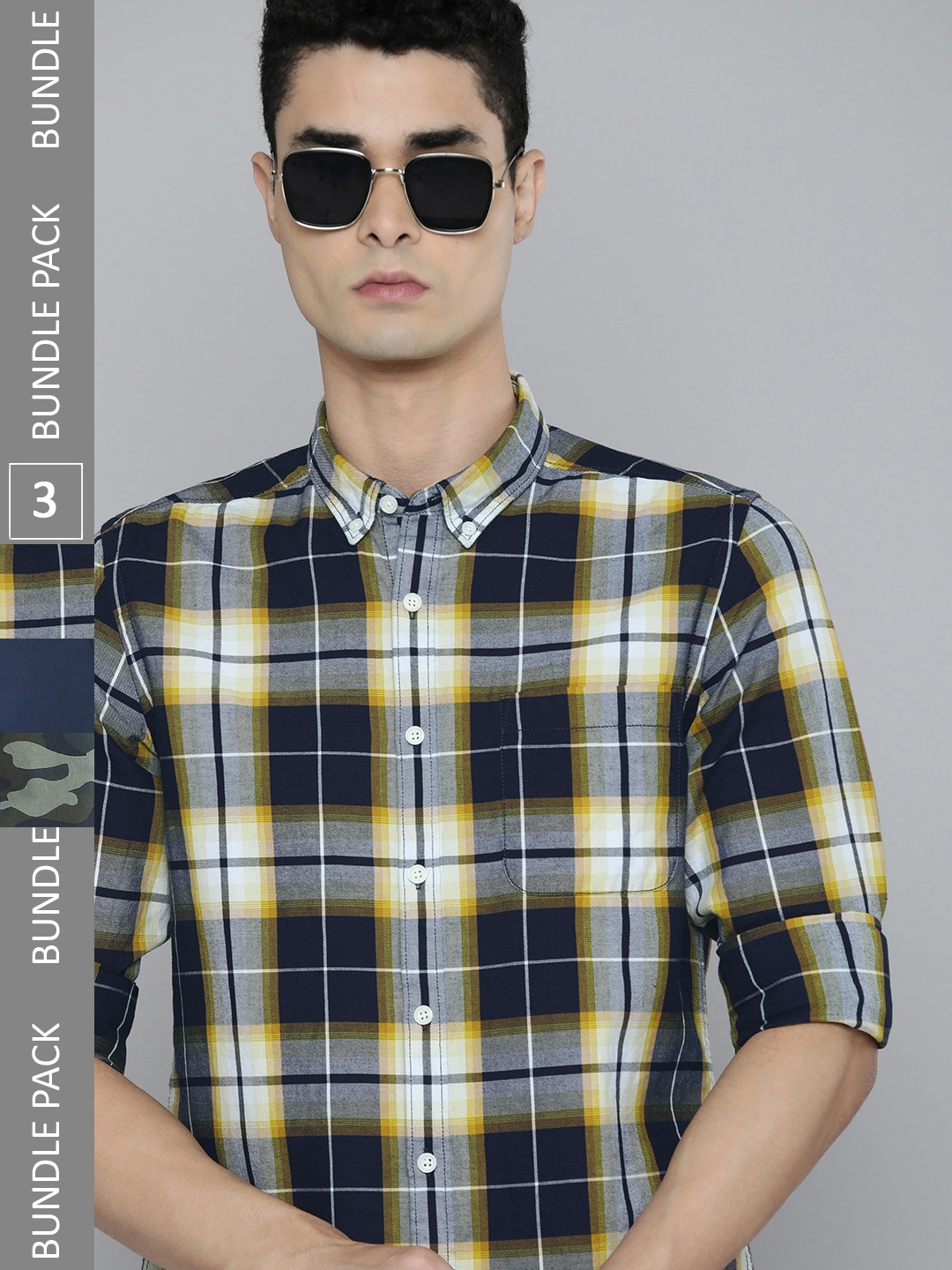 

Flying Machine Pack of 3 Standard Slim Fit Tartan Checks Opaque Checked Casual Shirt, Navy blue