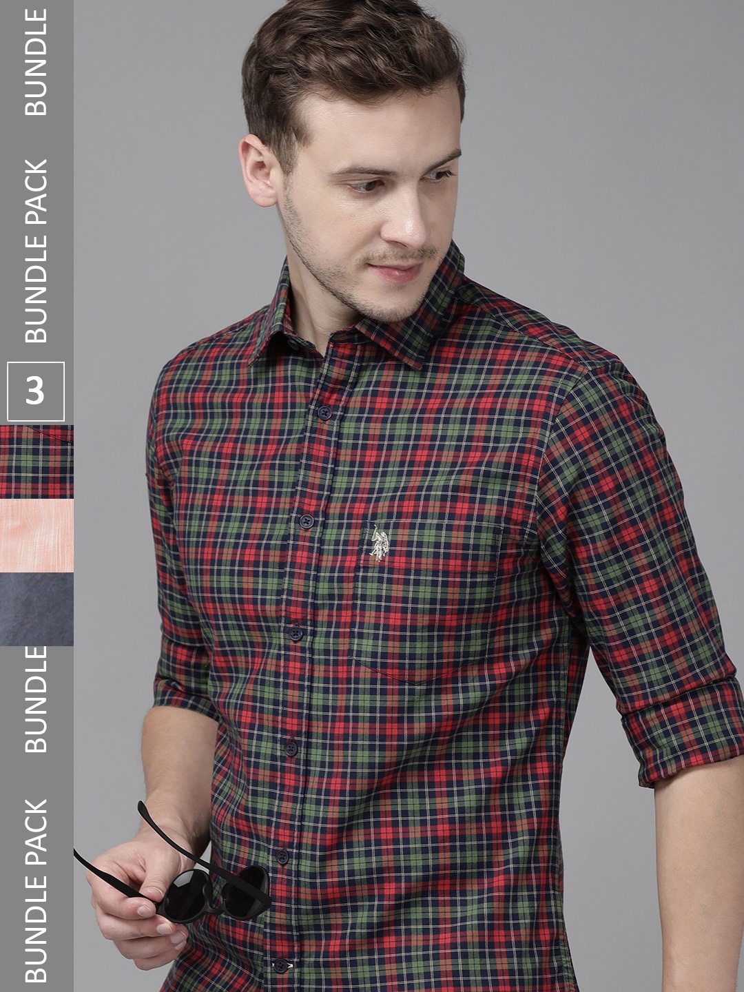 

U S Polo Assn Pack of 3 Tailored Fit Tartan Checks Opaque Casual Shirt, Red