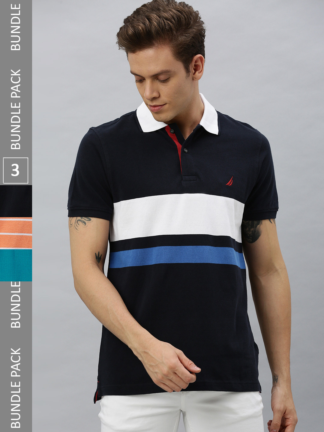 

Nautica Pack of 3 Colourblocked Polo Collar T-shirt, Navy blue