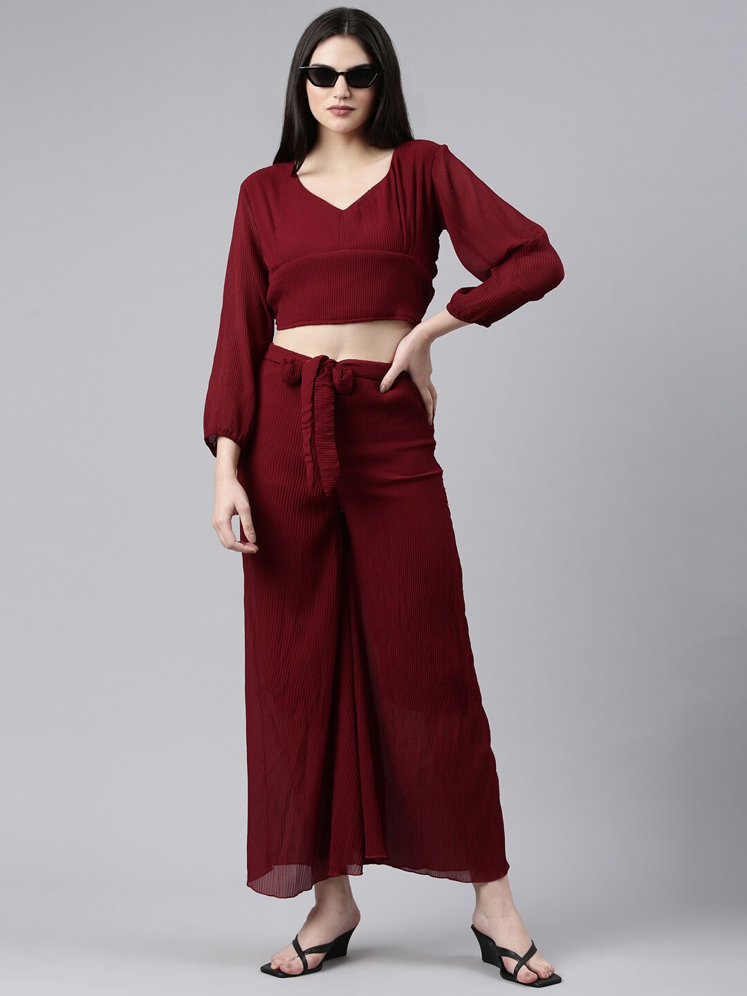 

SHOWOFF V-Neck Long Sleeve Top With Flared Palazzos, Burgundy