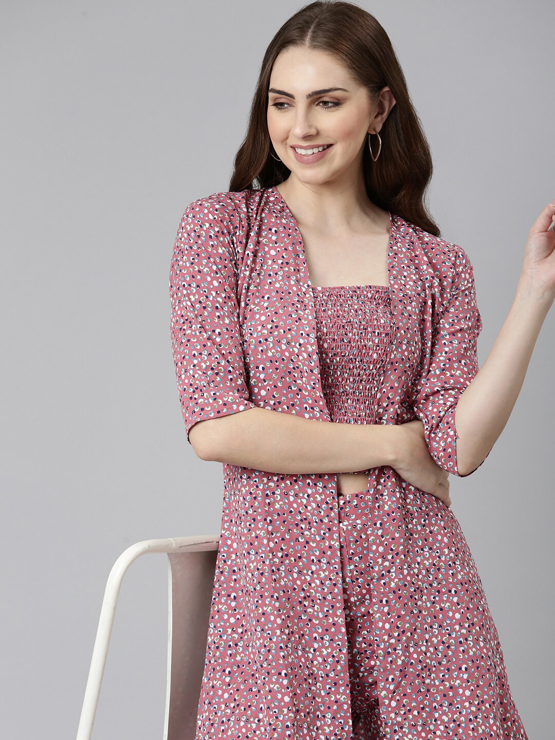 

SHOWOFF Women Printed Top & Trouser With Shrug, Mauve