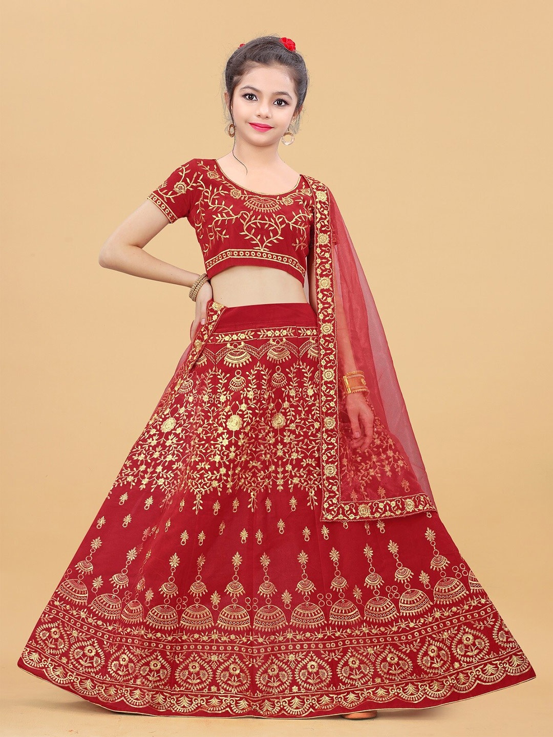 

APNISHA Girls Embroidered Semi-Stitched Lehenga & Unstitched Blouse With Dupatta, Red