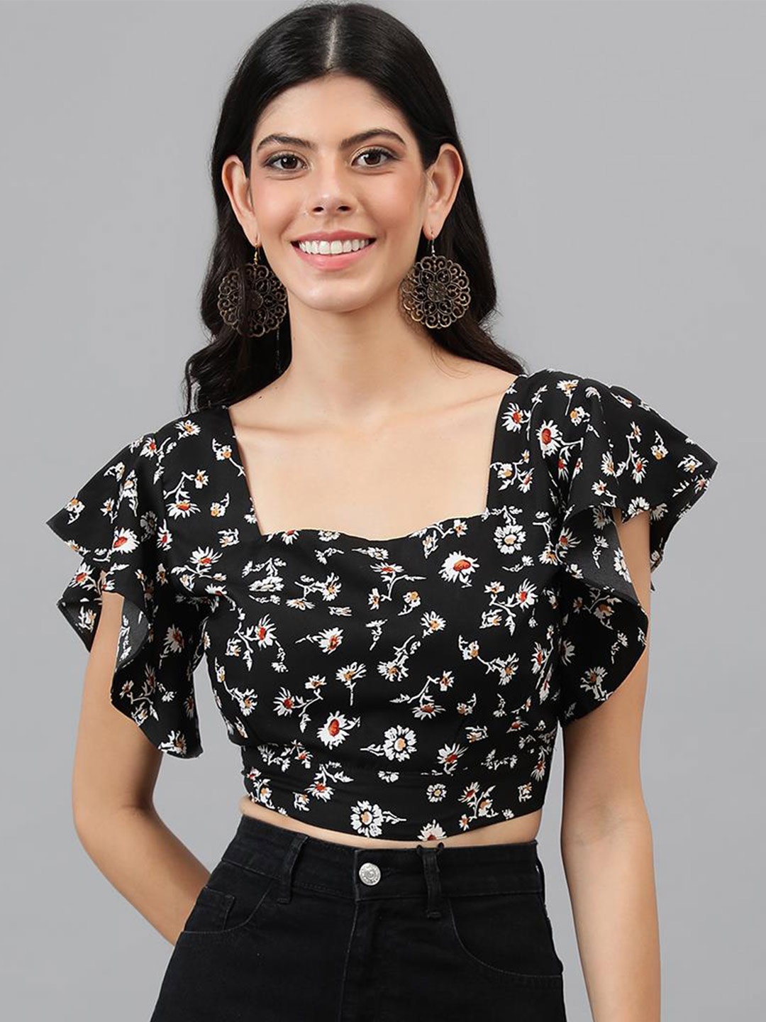 

Kotty Black Floral Print Flutter Sleeve Crop Top