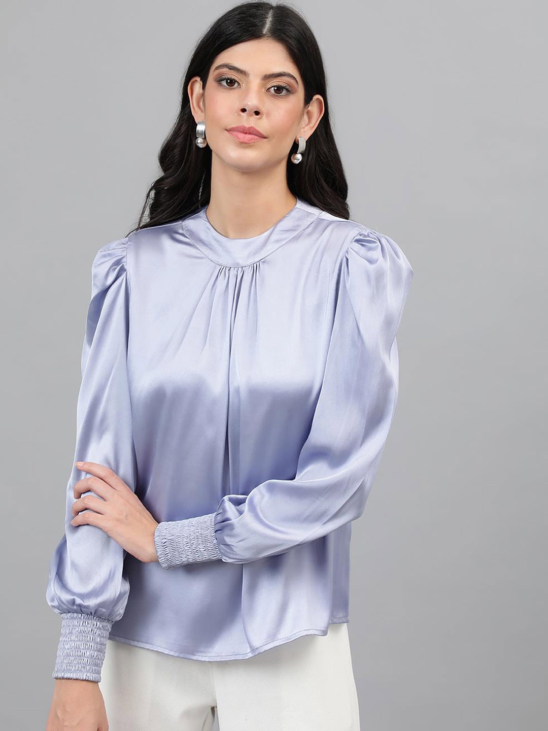 

Kotty Purple Puff Sleeves Satin Top