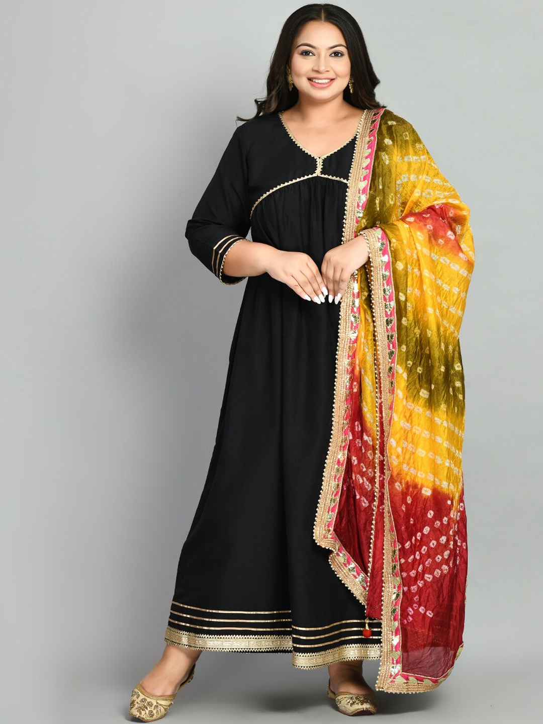 PrettyPlus by Desinoor.com A-Line Ethnic Dress WIth Dupatta, Black