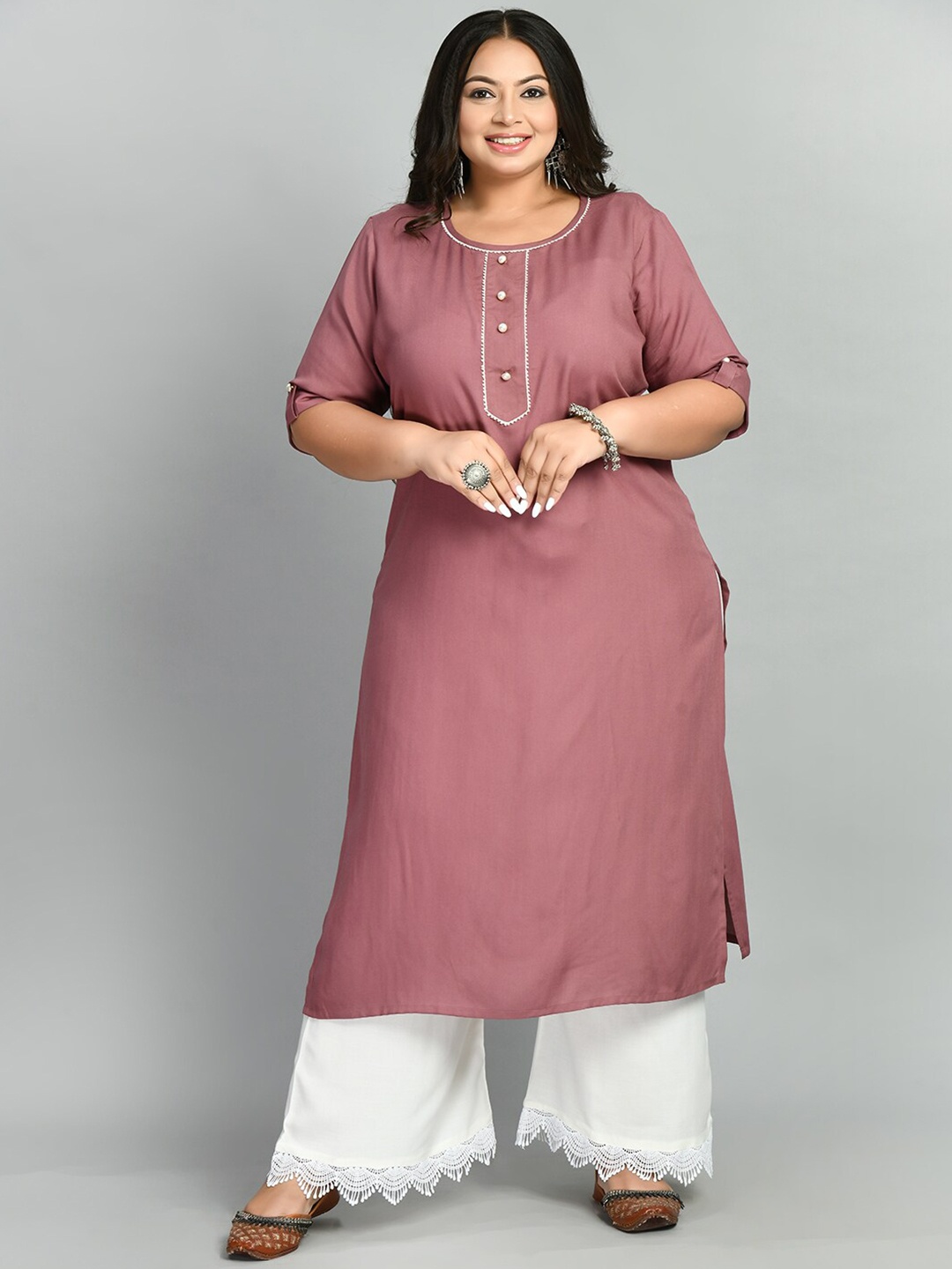 

PrettyPlus by Desinoor.com Plus Size Roll-up Sleeves Gotta Patti Kurta, Pink