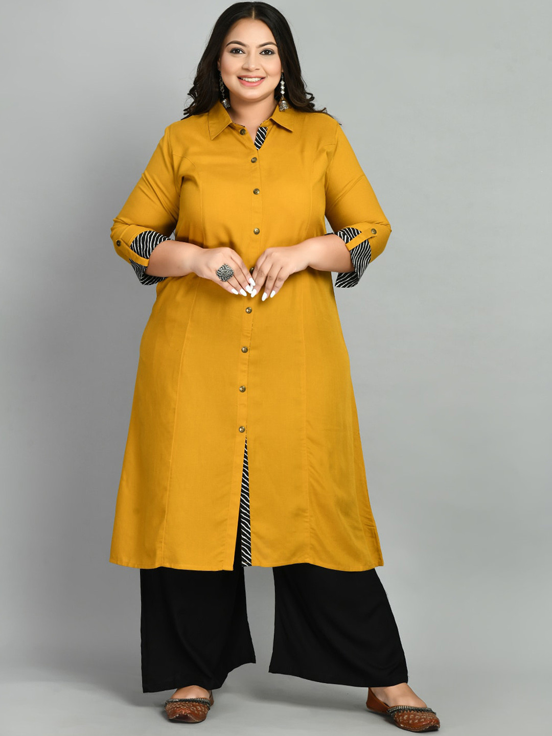 

PrettyPlus by Desinoor.com Plus Size Beads And Stones A-Line Kurta, Mustard